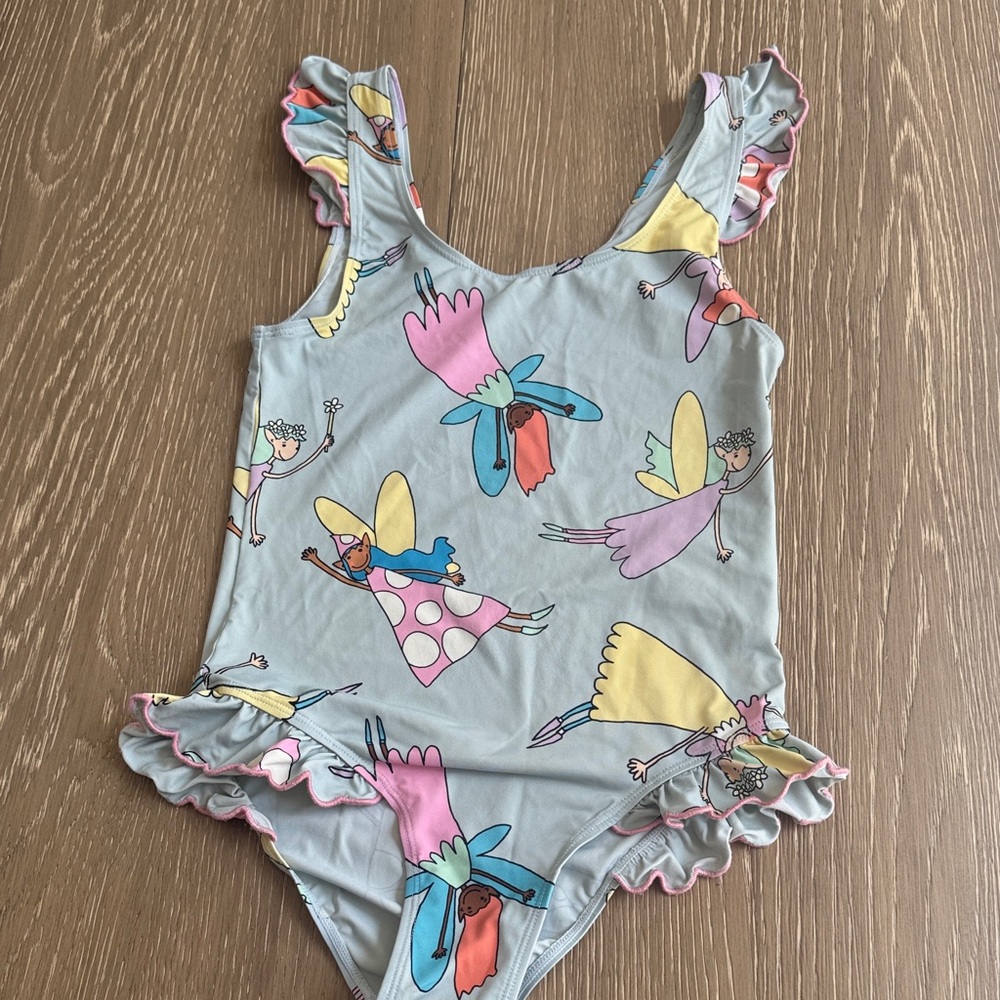Girls Fairy One-Piece Swimsuit in Light Gray with Pastel Fairies